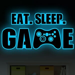 eat sleep game wall decal glow in the dark gamer boy wall stickers vinyl video game room decor gaming controller wall decals for boys bedroom kids girls men playroom game wall decor… (large size, sky blue)