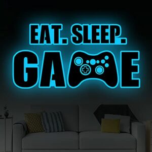 Eat Sleep Game Wall Decal Glow in The Dark Gamer Boy Wall Stickers Vinyl Video Game Room Decor Gaming Controller Wall Decals for Boys Bedroom Kids Girls Men Playroom Game Wall Decor… (Large Size, Sky blue)