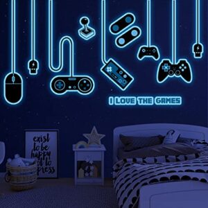 gaming wall decals glow in the dark wall decals video game zone wall stickers removable gaming room wall decor peel and stick for boys kids bedroom playroom… (large size-blue)