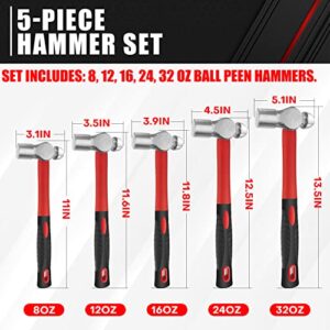 C&T 5-Piece Ball Peen Hammer Set, 8, 12, 16, 24, 32oz