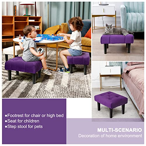 HOUCHICS Small Footstool Ottoman, Velvet Wooden Foot Stool Ottoman with Wood Legs, Sofa Footrest Extra Seating for Living Room Entryway Office(Purple 1PACK)