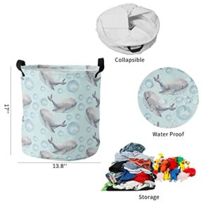 Cartoon Marine Life Freestanding Laundry Basket with Handles, Collapsible Waterproof Large Laundry Hamper for Baby Nursery Kids Room Dorm Storage, Ocean Theme Cute Whale and Bubble