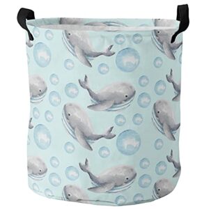 cartoon marine life freestanding laundry basket with handles, collapsible waterproof large laundry hamper for baby nursery kids room dorm storage, ocean theme cute whale and bubble