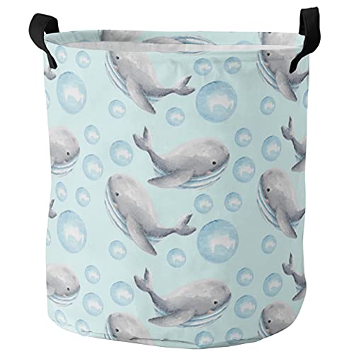 Cartoon Marine Life Freestanding Laundry Basket with Handles, Collapsible Waterproof Large Laundry Hamper for Baby Nursery Kids Room Dorm Storage, Ocean Theme Cute Whale and Bubble