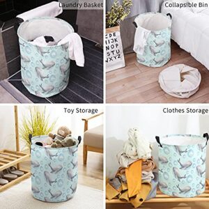 Cartoon Marine Life Freestanding Laundry Basket with Handles, Collapsible Waterproof Large Laundry Hamper for Baby Nursery Kids Room Dorm Storage, Ocean Theme Cute Whale and Bubble