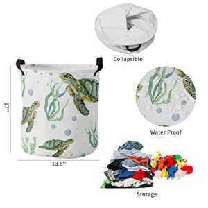 Sea Turtle Freestanding Laundry Basket with Handles, Collapsible Waterproof Large Laundry Hamper for Baby Nursery Kids Room Dorm Storage, Underwater World Ocean Animal Aquatic Plant