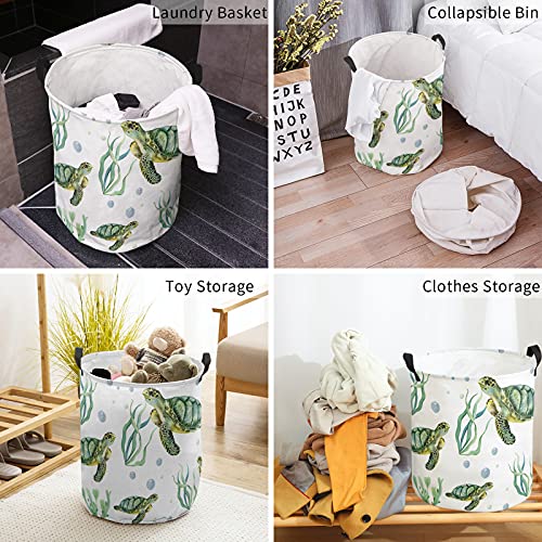 Sea Turtle Freestanding Laundry Basket with Handles, Collapsible Waterproof Large Laundry Hamper for Baby Nursery Kids Room Dorm Storage, Underwater World Ocean Animal Aquatic Plant