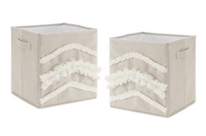 sweet jojo designs boho bohemian foldable fabric storage cube bins boxes organizer toys kid baby children - set of 2 - solid taupe beige ivory cream off white linen farmhouse shabby chic modern tufted