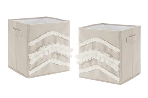 Sweet Jojo Designs Boho Bohemian Foldable Fabric Storage Cube Bins Boxes Organizer Toys Kid Baby Children - Set of 2 - Solid Taupe Beige Ivory Cream Off White Linen Farmhouse Shabby Chic Modern Tufted