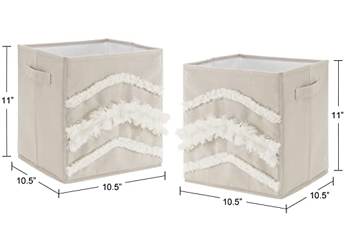 Sweet Jojo Designs Boho Bohemian Foldable Fabric Storage Cube Bins Boxes Organizer Toys Kid Baby Children - Set of 2 - Solid Taupe Beige Ivory Cream Off White Linen Farmhouse Shabby Chic Modern Tufted