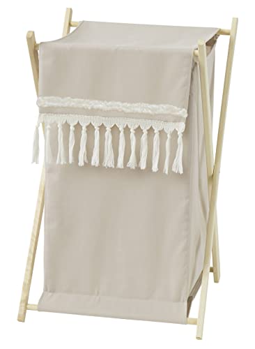 Sweet Jojo Designs Boho Bohemian Baby Kid Clothes Laundry Hamper - Solid Taupe Beige Ivory Cream Off White Linen Farmhouse Shabby Chic Designer Modern Minimalist Tassel Macrame Cotton Neutral Unisex