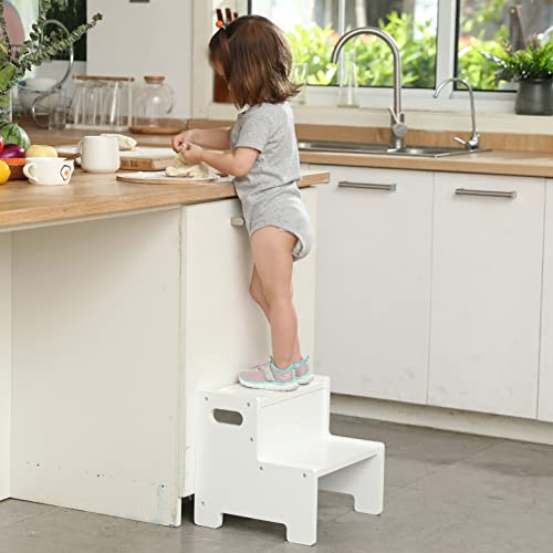 Wooden Step Stool,Two Step Stool for Kids/Adults,Supports 200 lbs Kids Toddler Stepping Stool Toilet/Kitchen/Bed Step Stool,White