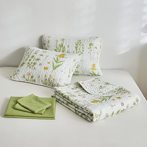 Quilt Set Bed in a Bag Queen, Green Leaves Yellow Flowers on Tint, 7 Piece Microfiber Bedspread Coverlet Quilted Bedding Set- 1 Quilt 88x88, 2 Pillow Shams, 1 Flat Sheet, 1 Fitted Sheet, 2 Pillowcases