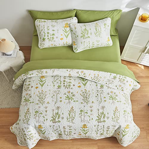 Quilt Set Bed in a Bag Queen, Green Leaves Yellow Flowers on Tint, 7 Piece Microfiber Bedspread Coverlet Quilted Bedding Set- 1 Quilt 88x88, 2 Pillow Shams, 1 Flat Sheet, 1 Fitted Sheet, 2 Pillowcases