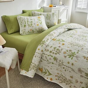 Quilt Set Bed in a Bag Queen, Green Leaves Yellow Flowers on Tint, 7 Piece Microfiber Bedspread Coverlet Quilted Bedding Set- 1 Quilt 88x88, 2 Pillow Shams, 1 Flat Sheet, 1 Fitted Sheet, 2 Pillowcases