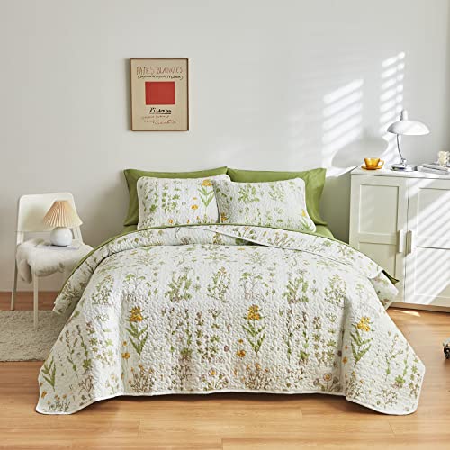 Quilt Set Bed in a Bag Queen, Green Leaves Yellow Flowers on Tint, 7 Piece Microfiber Bedspread Coverlet Quilted Bedding Set- 1 Quilt 88x88, 2 Pillow Shams, 1 Flat Sheet, 1 Fitted Sheet, 2 Pillowcases