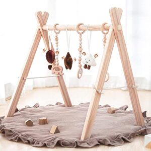 razee wooden baby play gym play mat, baby gym with 6 hanging sensory toys foldable baby gym