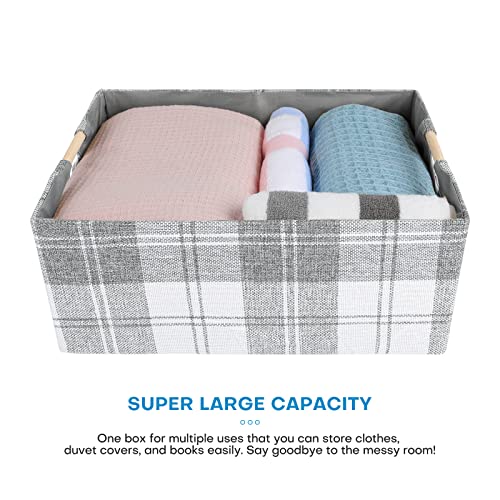 ANMINY 2PCS Storage Bins Set Foldable Cotton Linen Open Storage Baskets Box with Wood Handles Decorative Nursery Baby Kid Toy Clothes Towel Laundry Organizer Container - Small, Light Gray Plaid