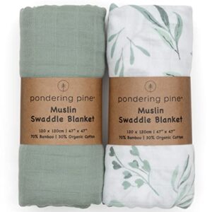 organic baby muslin swaddle blankets for boy or girl - eucalyptus leaves and sage swaddle blanket 2 pack - soft organic cotton and natural bamboo muslin, xlarge and breathable, boho baby, 47" x 47"