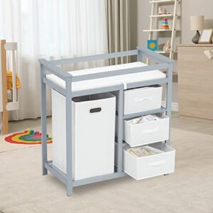 baby diaper changing station nursery table - infant diaper table w/ 3 storage cloth drawers & 1 laundry basket and safety belts (gray)