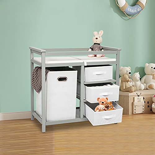 Baby Diaper Changing Station Nursery Table - Infant Diaper Table w/ 3 Storage Cloth Drawers & 1 Laundry Basket and Safety Belts (Gray)