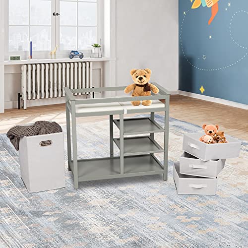 Baby Diaper Changing Station Nursery Table - Infant Diaper Table w/ 3 Storage Cloth Drawers & 1 Laundry Basket and Safety Belts (Gray)