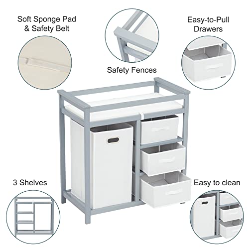 Baby Diaper Changing Station Nursery Table - Infant Diaper Table w/ 3 Storage Cloth Drawers & 1 Laundry Basket and Safety Belts (Gray)