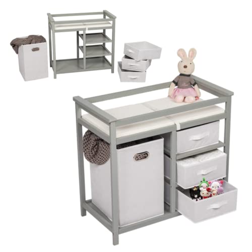 Baby Diaper Changing Station Nursery Table - Infant Diaper Table w/ 3 Storage Cloth Drawers & 1 Laundry Basket and Safety Belts (Gray)