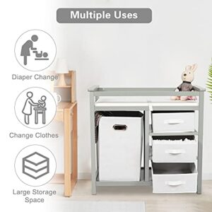 Baby Diaper Changing Station Nursery Table - Infant Diaper Table w/ 3 Storage Cloth Drawers & 1 Laundry Basket and Safety Belts (Gray)