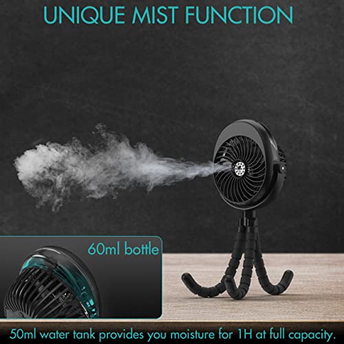 YONHISDAT Misting Fan for Stroller, Portable Clip on Fan for Baby, Rechargeable Mist Fan with Flexible Tripod for Stroller, Crib, Treadmill, Car Seat