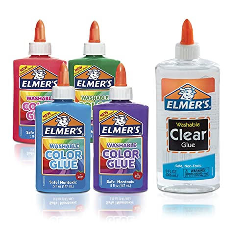 Clear Glue, 9 Oz. Elmers Colored Glue, 4 Ct. 5 Oz. Glue for Slime, School, and Clear Glue for Craft