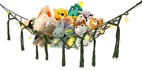 Stuffed Animal Net or Hammock Jumbo - with Warm White LED String Star Lights, Wall Hooks- Stuffed Animal Hammock - Squishmallow Net - Corner Net for Stuffed Animals for Wall - (X-Large - Army Green)