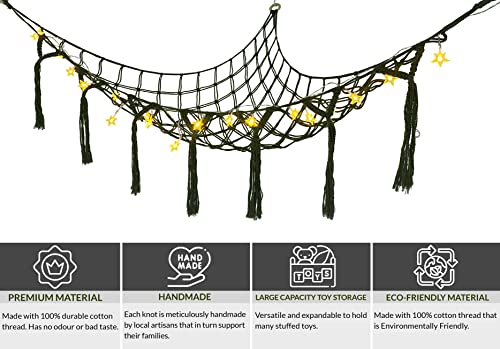 Stuffed Animal Net or Hammock Jumbo - with Warm White LED String Star Lights, Wall Hooks- Stuffed Animal Hammock - Squishmallow Net - Corner Net for Stuffed Animals for Wall - (X-Large - Army Green)