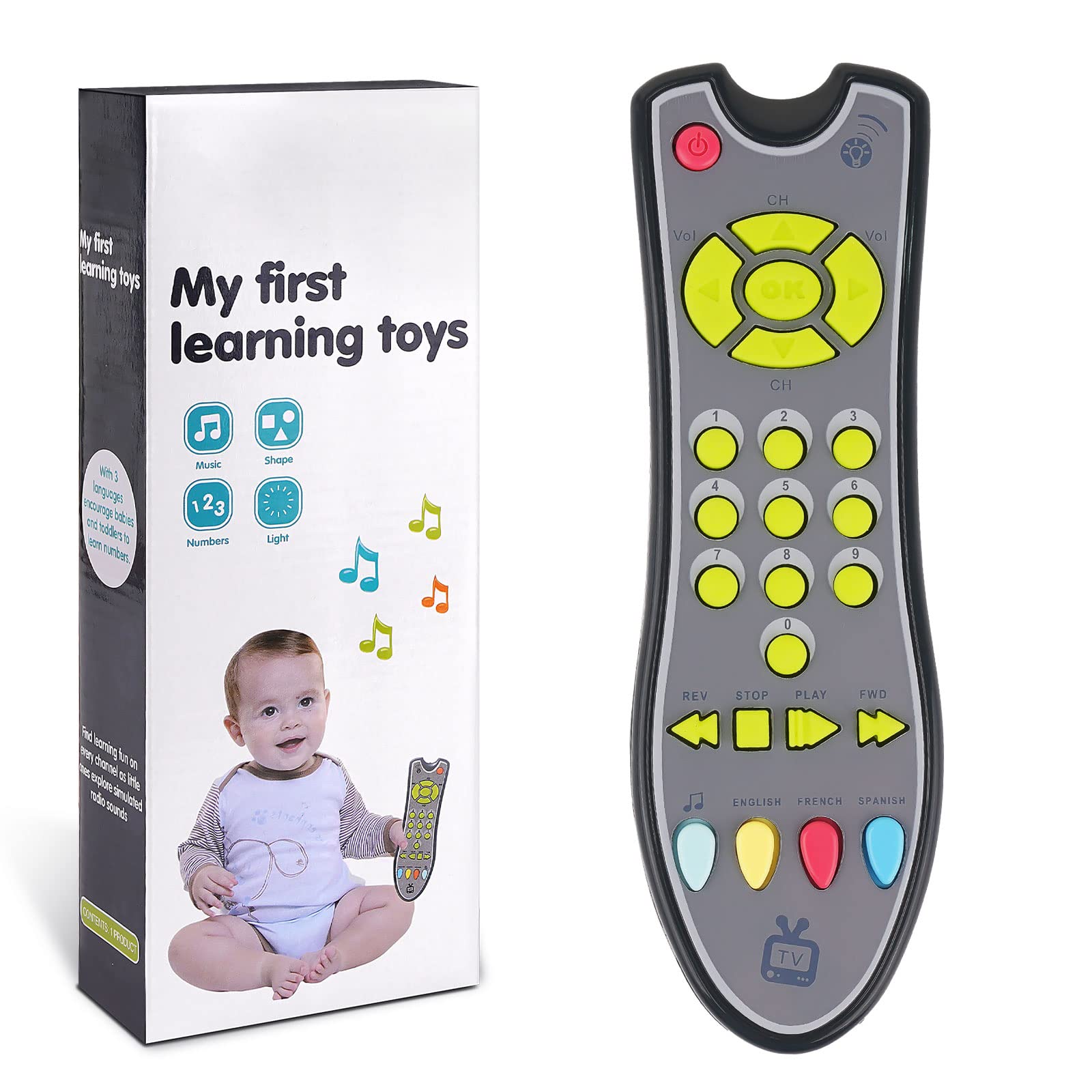 POYAMOC TV Remote Control Toy/Musical Play with Light and Sound/for 6 Months+ Toddlers Boys or Girls Preschool Education/Three Language Modes: English, French and Spanish/Black Body,(Colored Buttons)