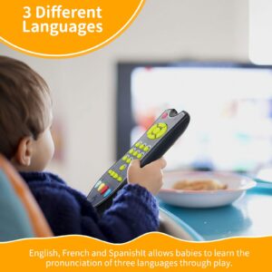 POYAMOC TV Remote Control Toy/Musical Play with Light and Sound/for 6 Months+ Toddlers Boys or Girls Preschool Education/Three Language Modes: English, French and Spanish/Black Body,(Colored Buttons)