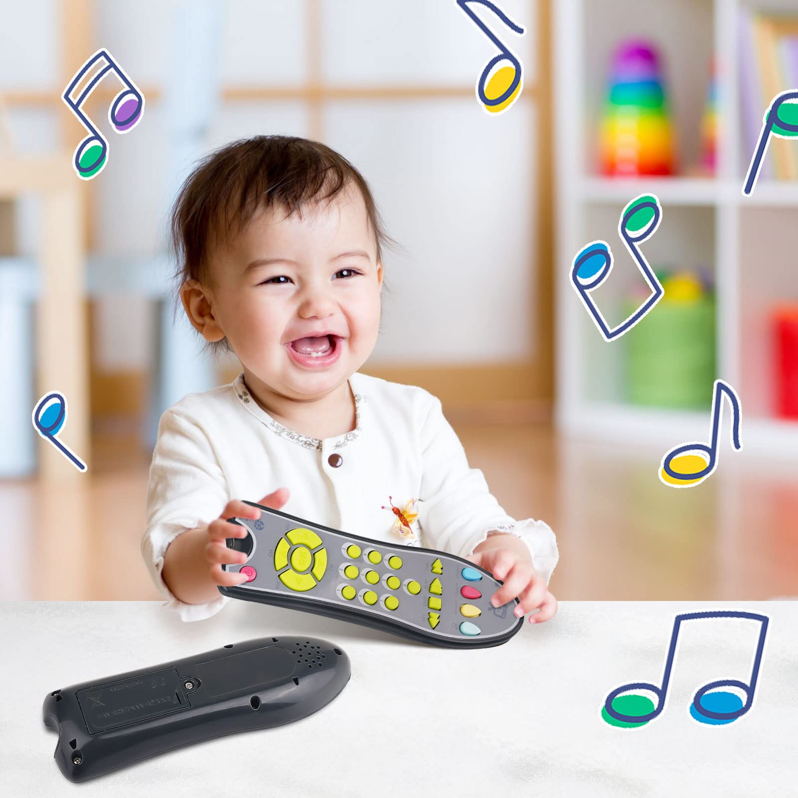 POYAMOC TV Remote Control Toy/Musical Play with Light and Sound/for 6 Months+ Toddlers Boys or Girls Preschool Education/Three Language Modes: English, French and Spanish/Black Body,(Colored Buttons)