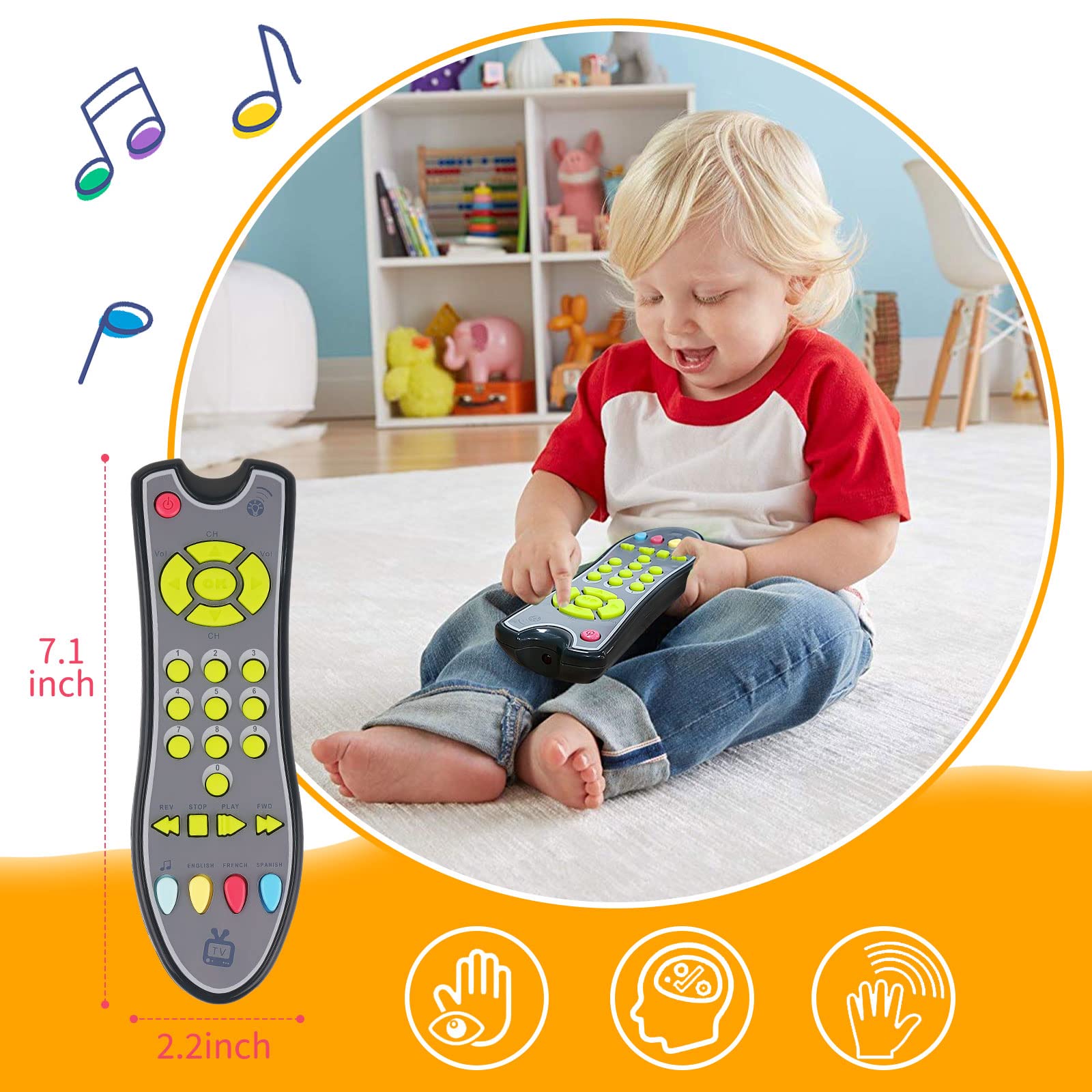 POYAMOC TV Remote Control Toy/Musical Play with Light and Sound/for 6 Months+ Toddlers Boys or Girls Preschool Education/Three Language Modes: English, French and Spanish/Black Body,(Colored Buttons)