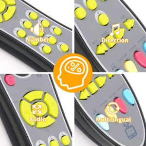 POYAMOC TV Remote Control Toy/Musical Play with Light and Sound/for 6 Months+ Toddlers Boys or Girls Preschool Education/Three Language Modes: English, French and Spanish/Black Body,(Colored Buttons)