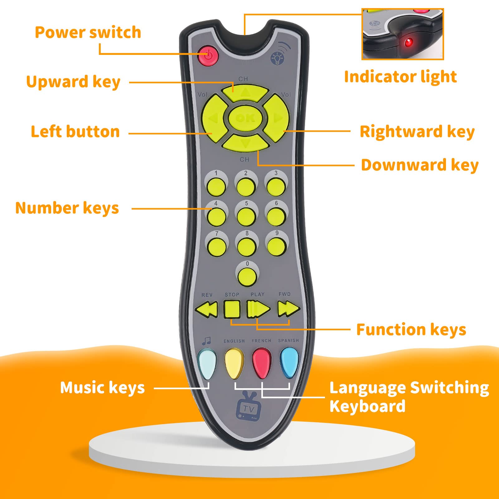 POYAMOC TV Remote Control Toy/Musical Play with Light and Sound/for 6 Months+ Toddlers Boys or Girls Preschool Education/Three Language Modes: English, French and Spanish/Black Body,(Colored Buttons)