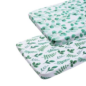pack n play sheets 2 pack for baby unisex, stretchy jersey knitted portable mini crib sheets playard mattress cover for baby boys and girls, watercolor green botanical leaf