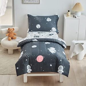 4 pieces toddler bedding set space theme for baby boys, astronaut planet rocket print on black, includes comforter, flat sheet, fitted sheet and pillowcase