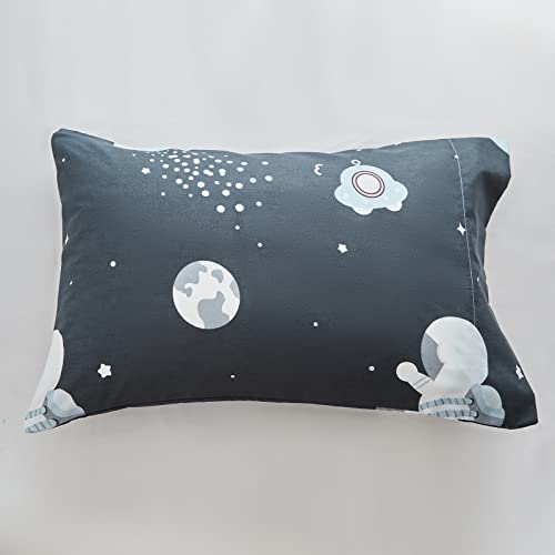 4 Pieces Toddler Bedding Set Space Theme for Baby Boys, Astronaut Planet Rocket Print on Black, Includes Comforter, Flat Sheet, Fitted Sheet and Pillowcase