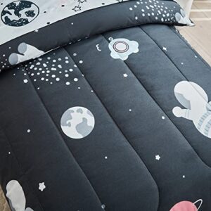 4 Pieces Toddler Bedding Set Space Theme for Baby Boys, Astronaut Planet Rocket Print on Black, Includes Comforter, Flat Sheet, Fitted Sheet and Pillowcase
