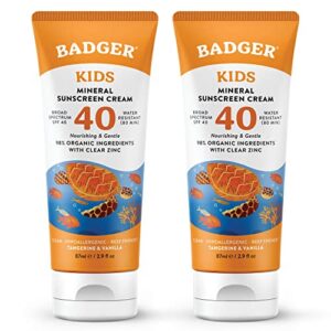 badger kids sunscreen cream spf 40, organic mineral sunscreen kids face & body with zinc oxide, reef friendly, broad spectrum, water resistant, 2.9 fl oz (2 pack)