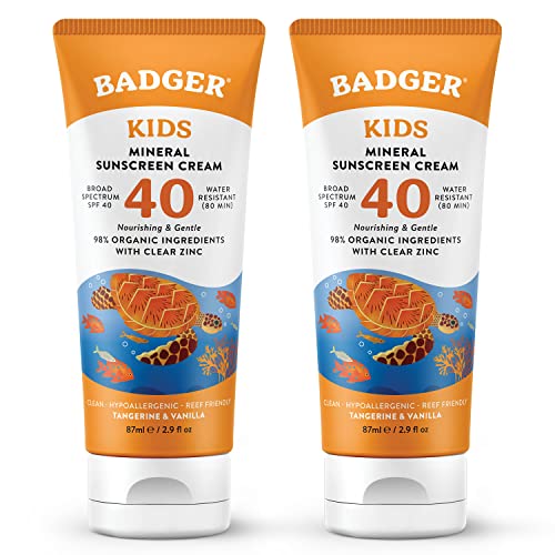 Badger Kids Sunscreen Cream SPF 40, Organic Mineral Sunscreen Kids Face & Body with Zinc Oxide, Reef Friendly, Broad Spectrum, Water Resistant, 2.9 fl oz (2 Pack)