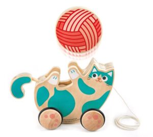 hape wooden walk-a-long kitten pull toy| roll & rattle push pull toy for toddler| montessori toys for walking toddlers, green
