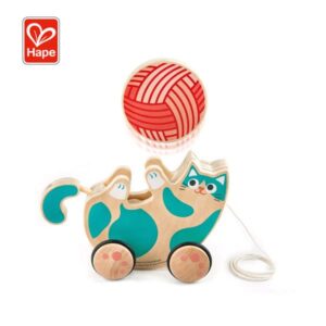 Hape Wooden Walk-A-Long Kitten Pull Toy| Roll & Rattle Push Pull Toy for Toddler| Montessori Toys for Walking Toddlers, Green