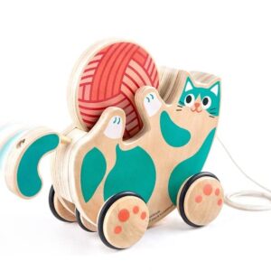 Hape Wooden Walk-A-Long Kitten Pull Toy| Roll & Rattle Push Pull Toy for Toddler| Montessori Toys for Walking Toddlers, Green