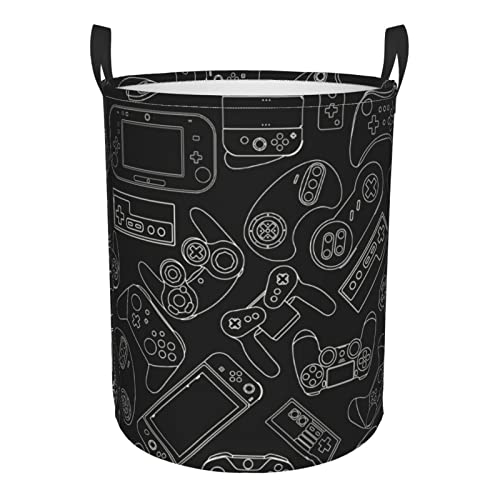 Gbuzozie 38L Round Laundry Hamper Video Game Controller Background Storage Basket Waterproof Coating Gaming Gadgets Organizer Bin For Nursery Clothes Toys