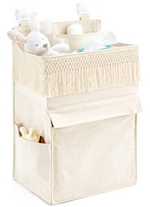 mkono diaper organizer caddy macrame hanging baby diaper storage for crib changing table essentials bag boho decor diaper stacker holder for nursery bedroom, newborn gift, ivory